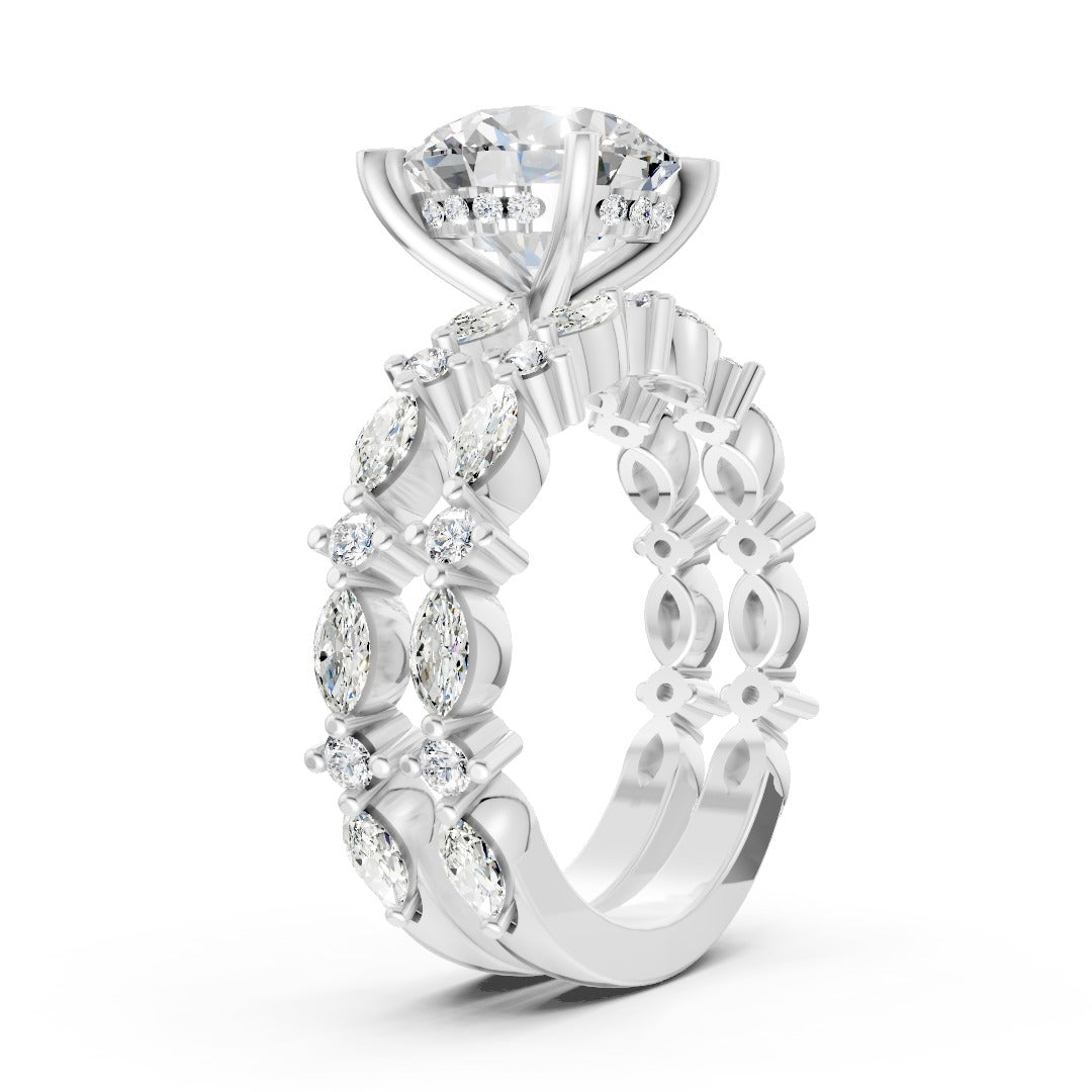 Round Diamond Double Band Marquise Accent Ring Set