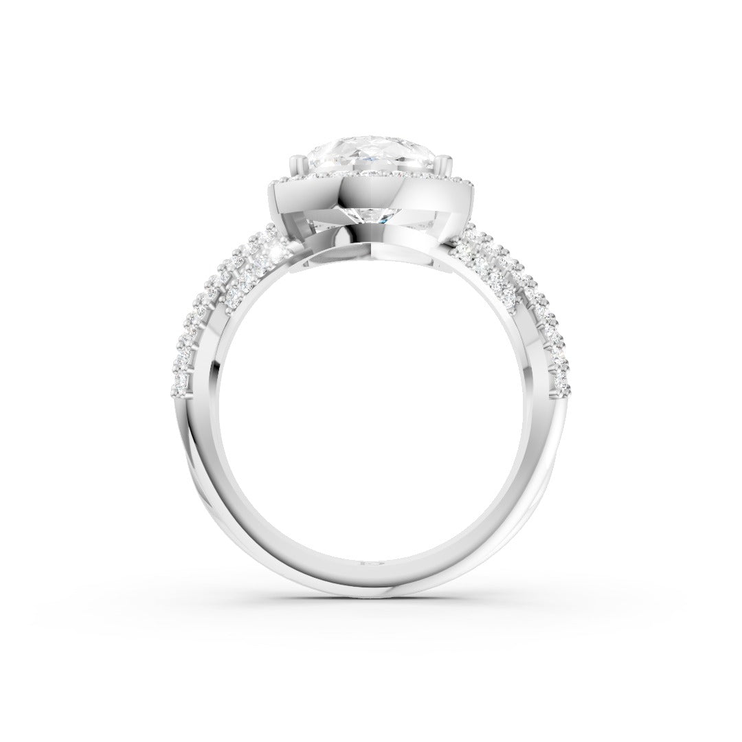 Pear Cut Twisted Pave Half Eternity Halo Diamond Ring
