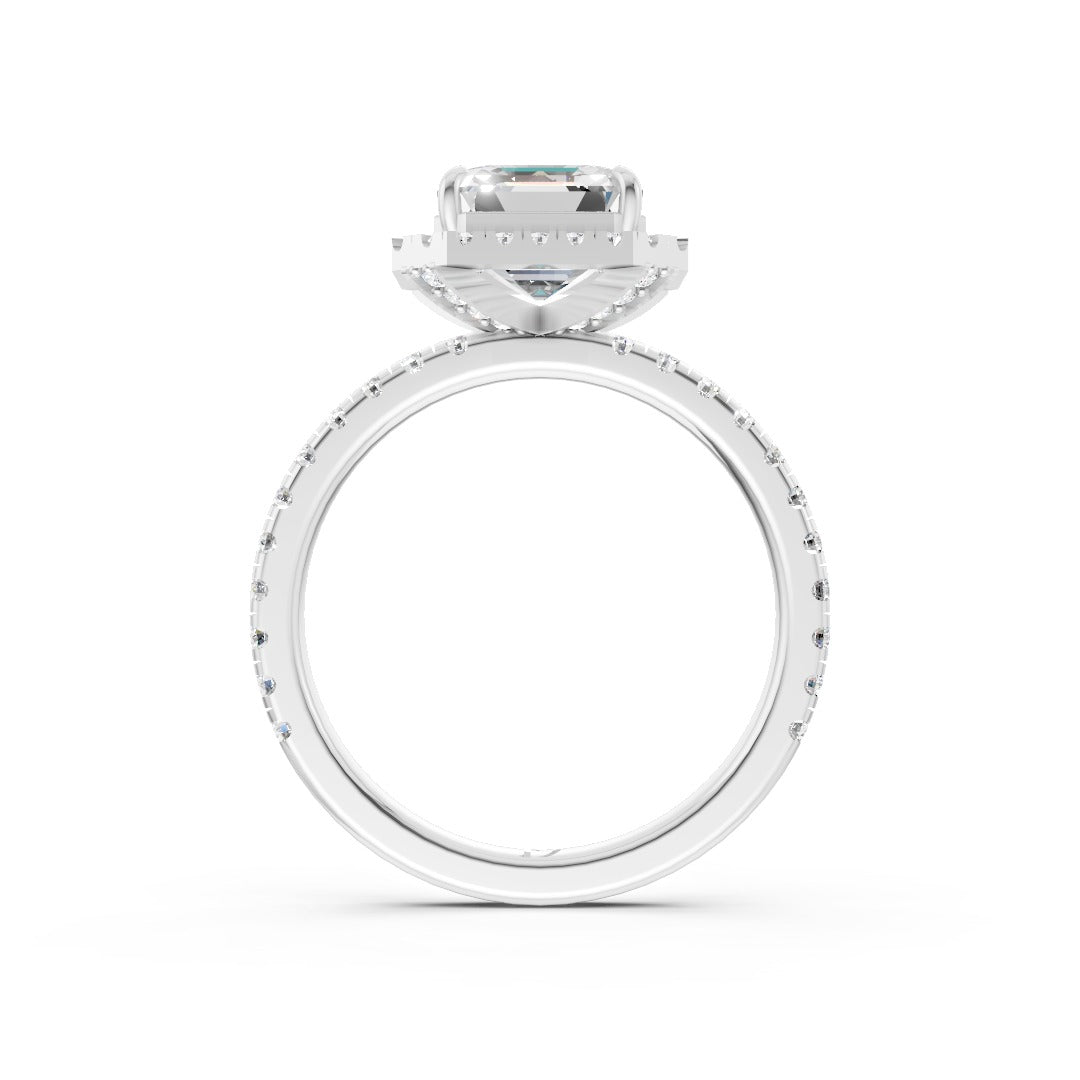 Lab Grown Asscher Diamond Halo Engagement Ring With Pave Set Band