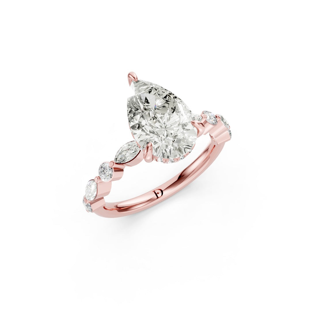 Pear Cut Diamond Alternating Round And Marquise Engagement Ring