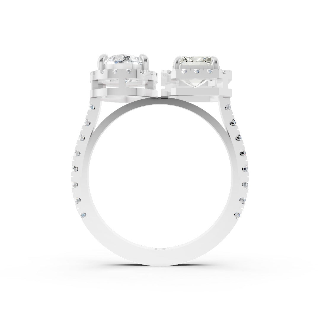 You And Me Pear And Emerald Diamond Cathedral Shank Ring