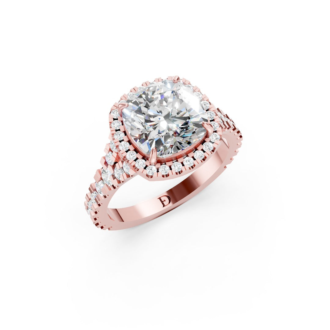 Cushion Cut Halo & V-Split Shank Pavé Diamond Ring