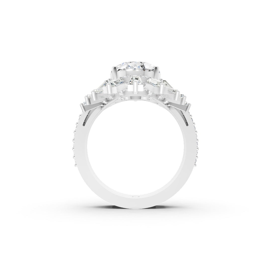 Vintage Inspired Multi Shaped Sunburst Halo Diamond Bridal Ring