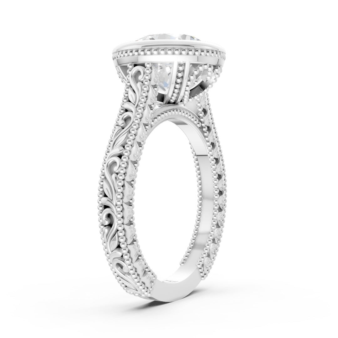 Round Cut Bezel Set Filigree Engagement Ring