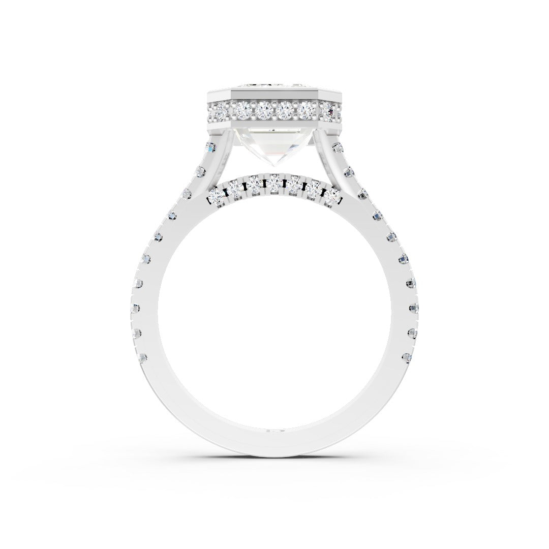 Emerald Brilliant Diamond Bezel Engagement Ring with Hidden Halo Diamond