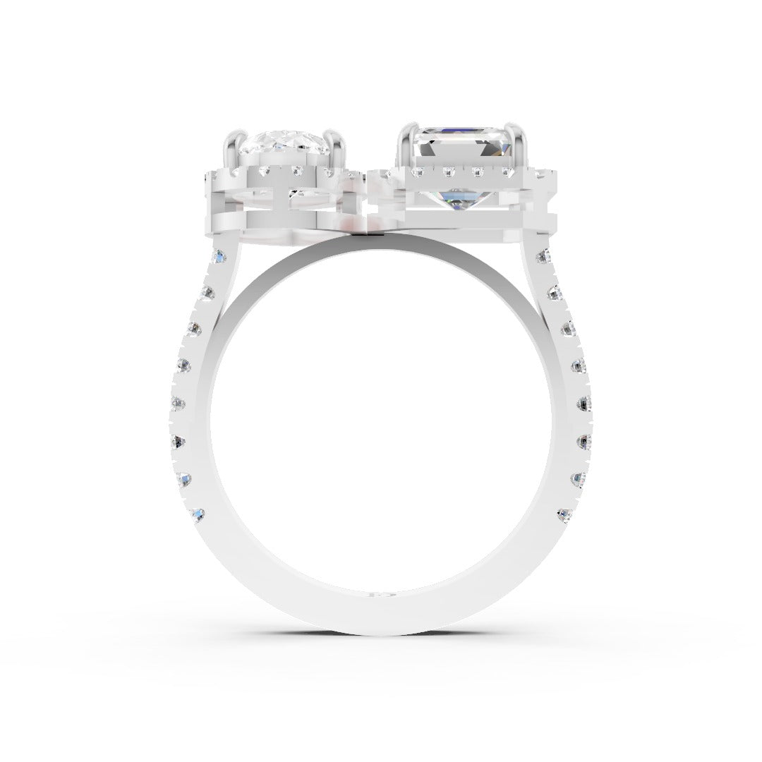 You And Me Pear And Asscher Diamond Cathedral Shank Ring