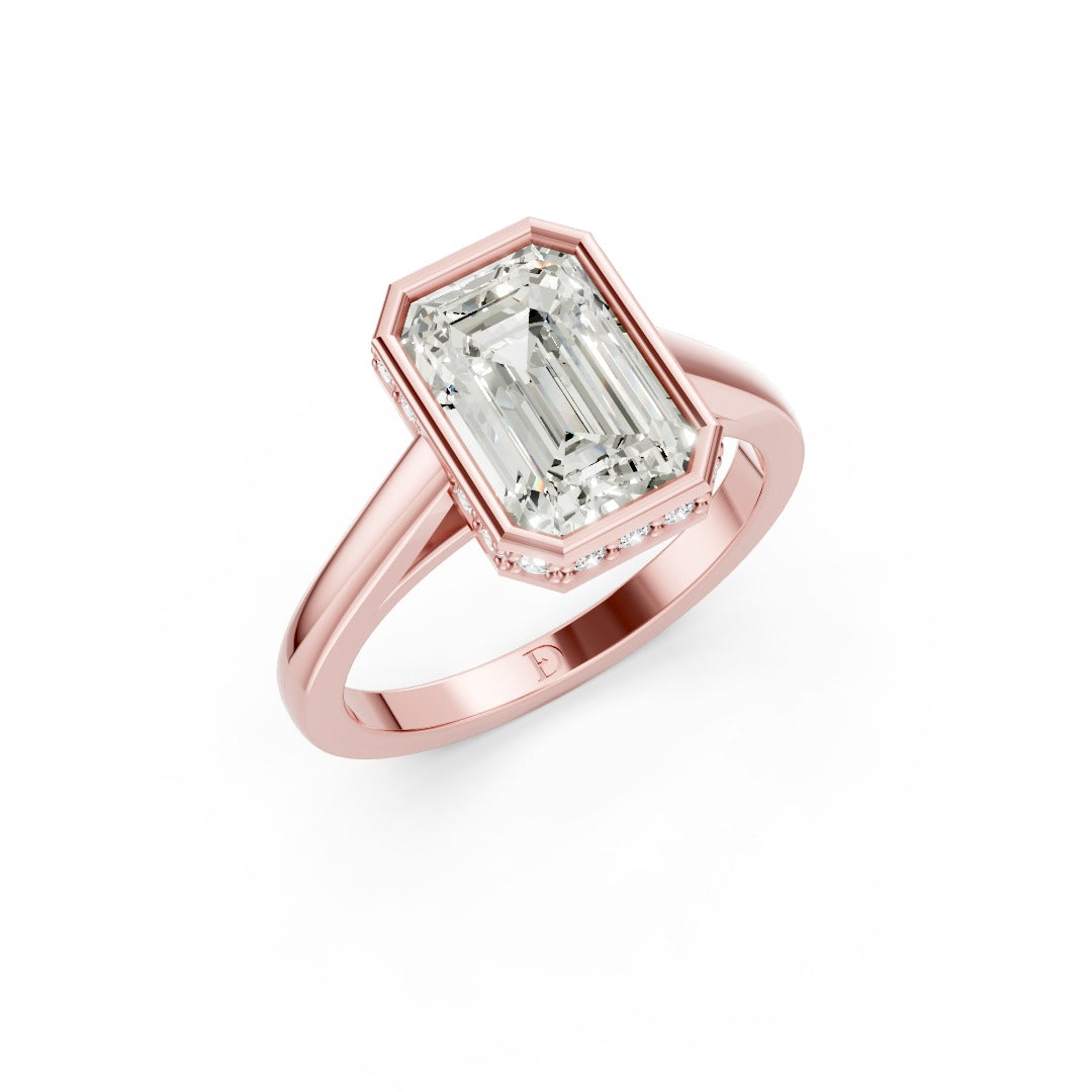 Bezel Set Emerald Brilliant Solitaire Diamond Hidden Halo Engagement Ring