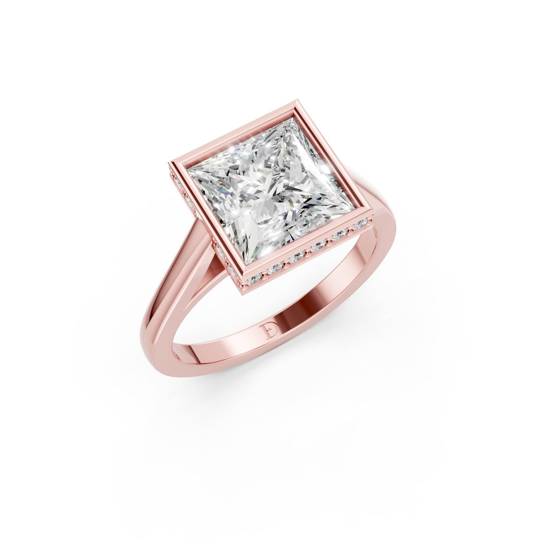 Bezel Set Princess Brilliant Solitaire Diamond Hidden Halo Engagement Ring