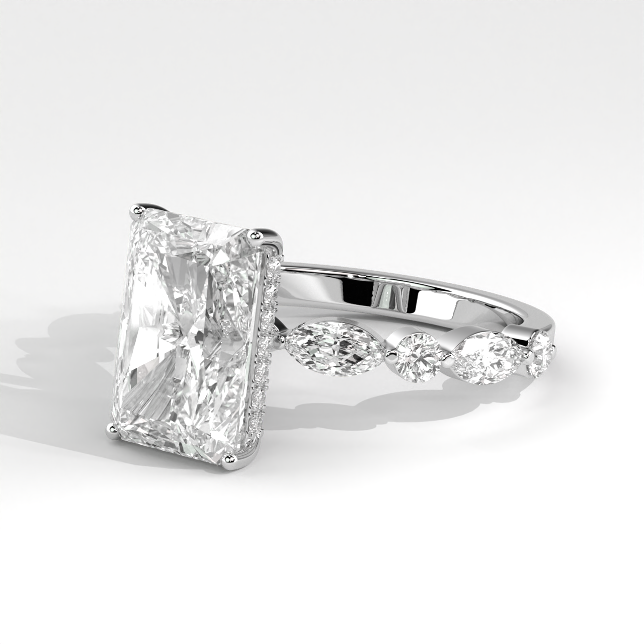 Radiant Cut Engagement Ring with Marquise & Round Side Accent