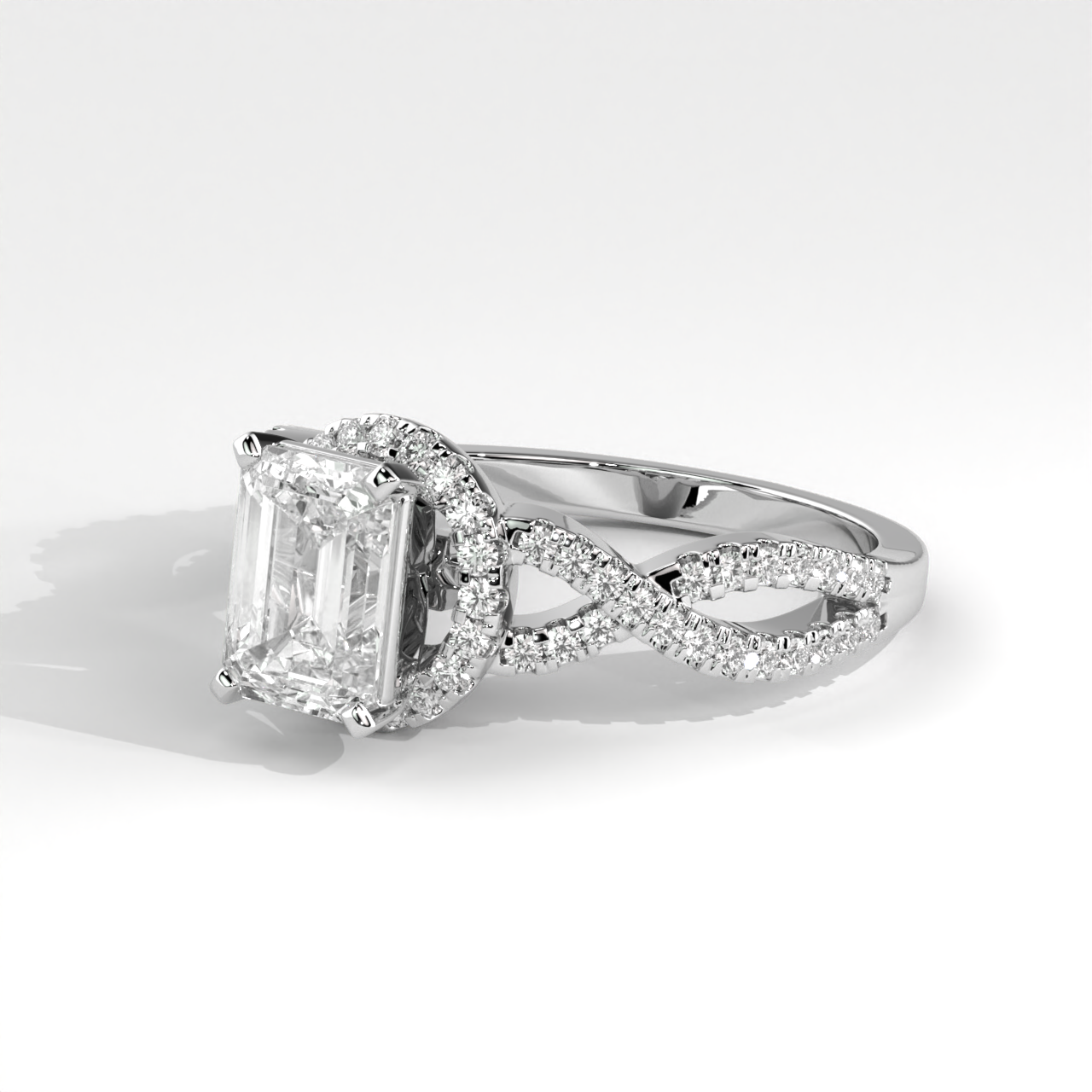 Emerald Cut Lab Diamond Halo Engagement Ring with Twisted Shank