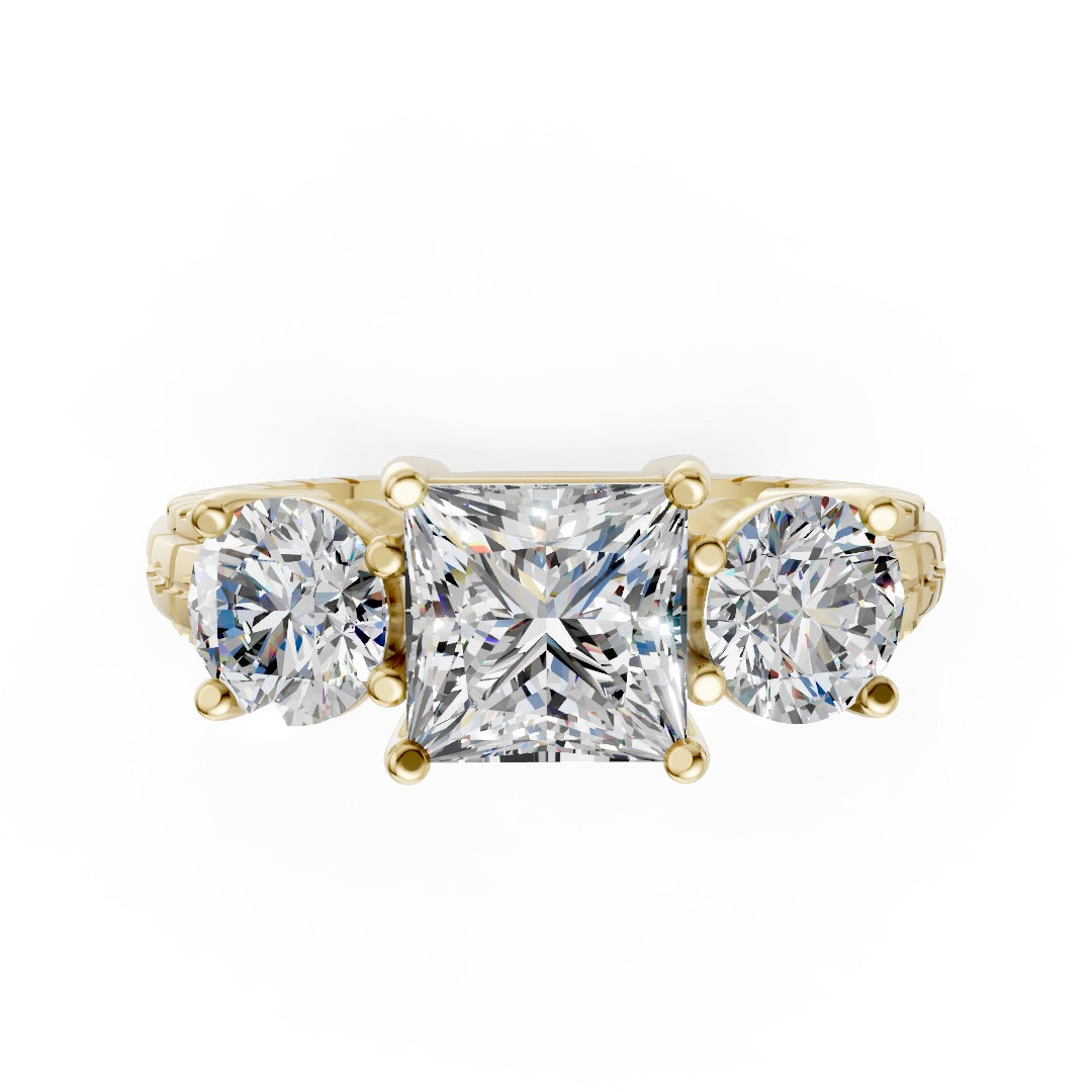 Princess Cut Three-Stone With Ribbed Textured Band Ring