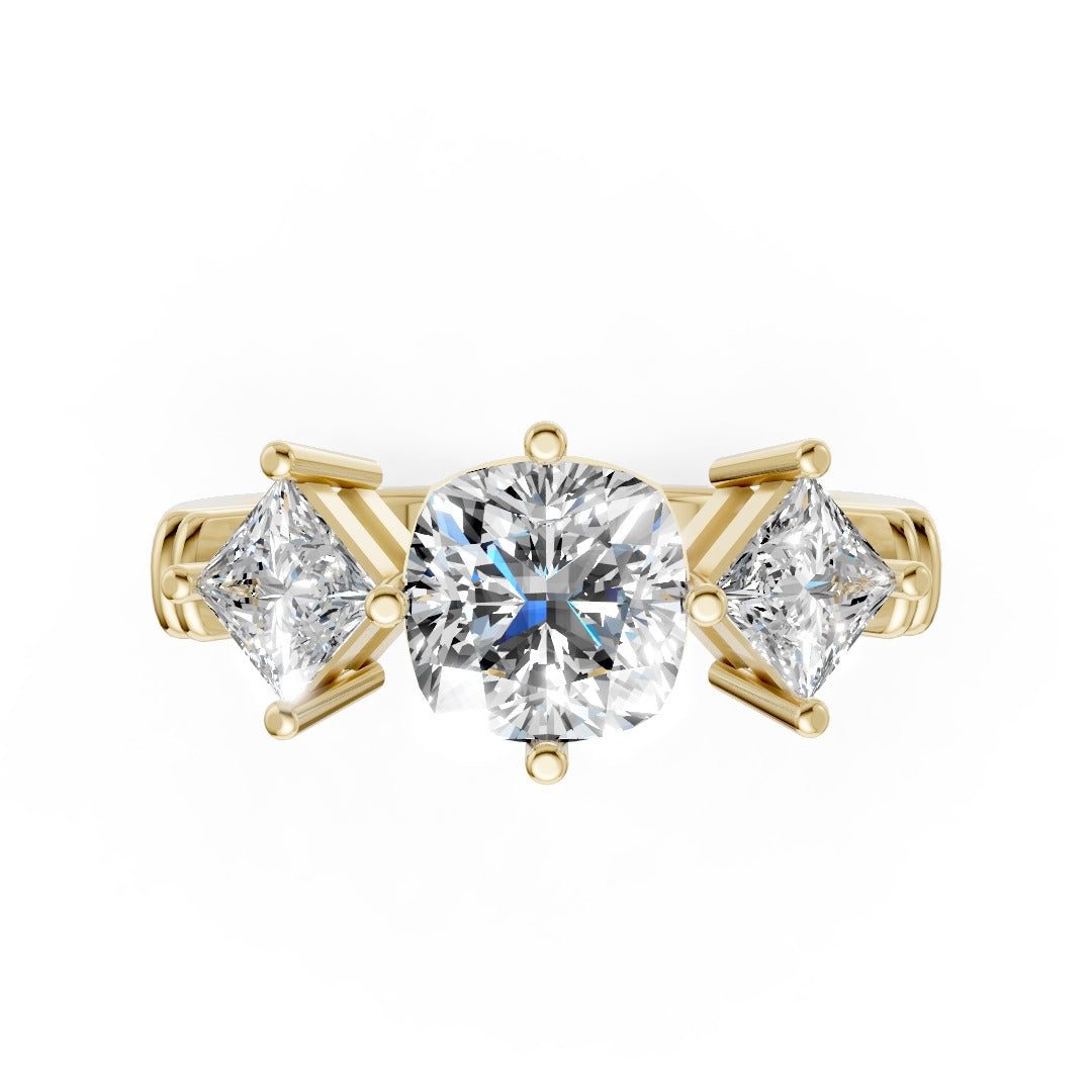 Cushion Cut and Princess Cut Diamond Three-Stone Ring
