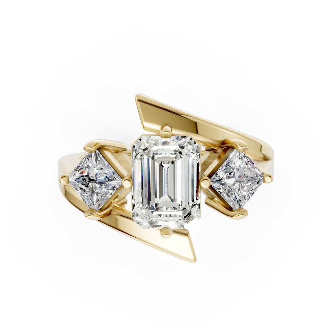 Emerald and Princess Cut Diamond Three-Stone Bypass Ring