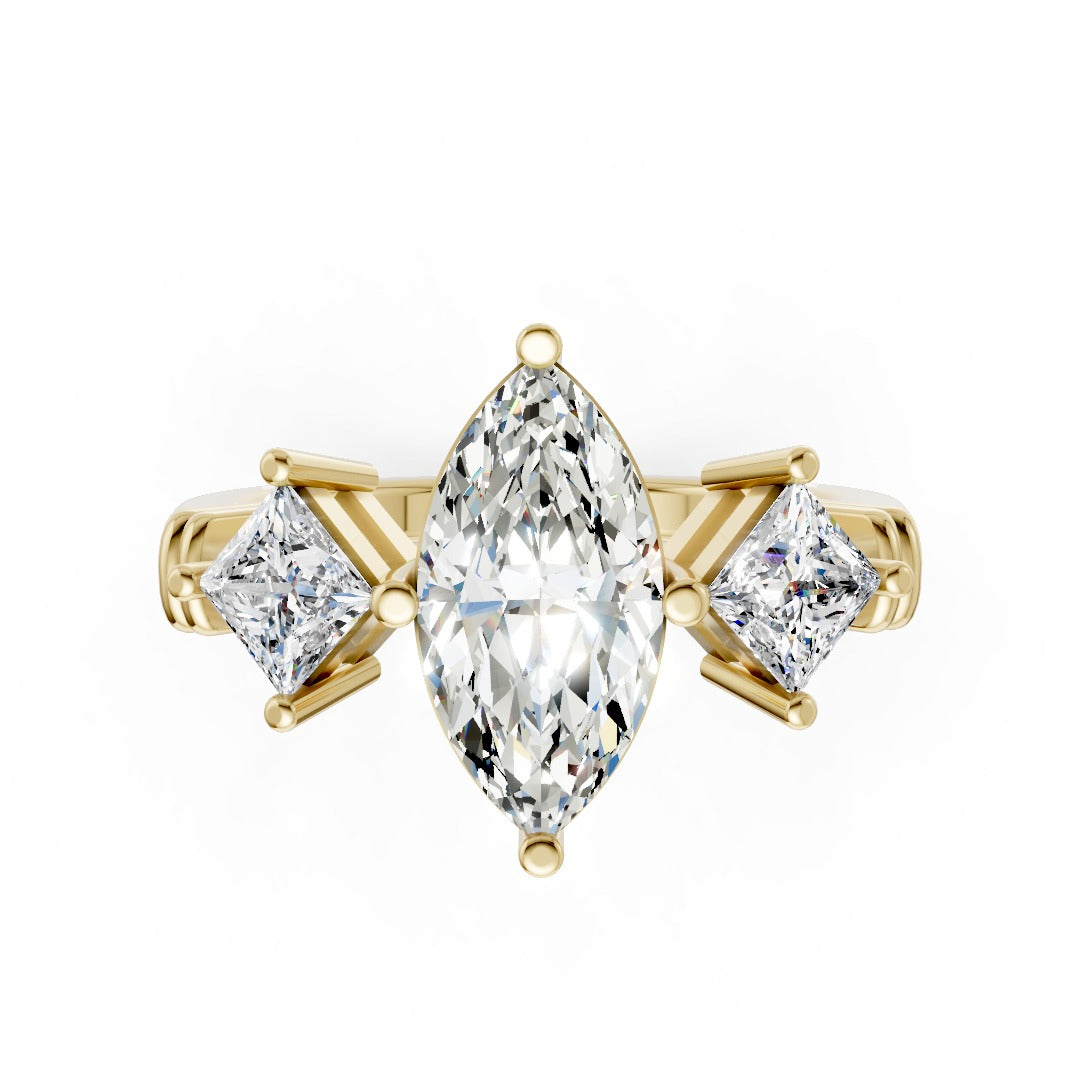 Marquise Cut and Princess Cut Diamond Three-Stone Ring