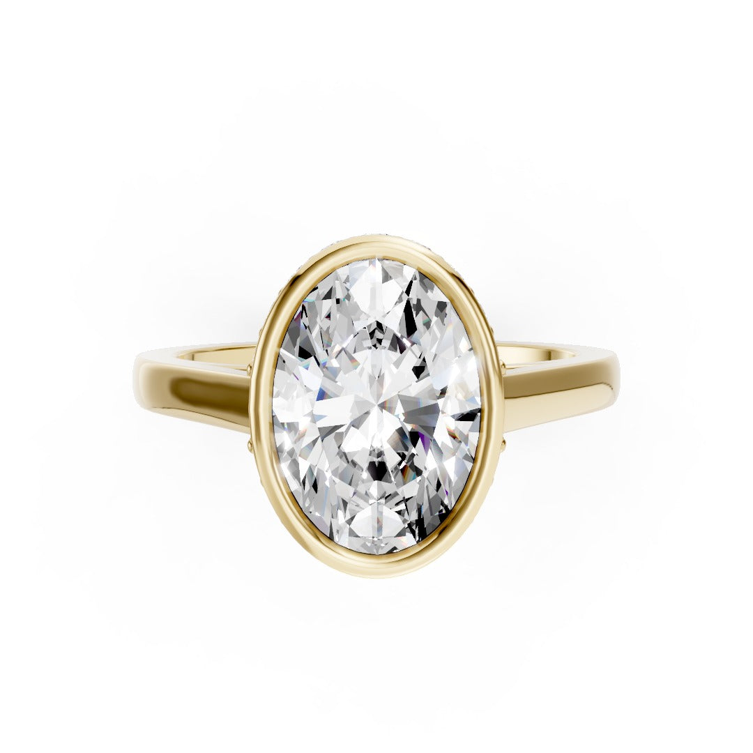 Bezel Set Oval Brilliant Solitaire Diamond Hidden Halo Engagement Ring
