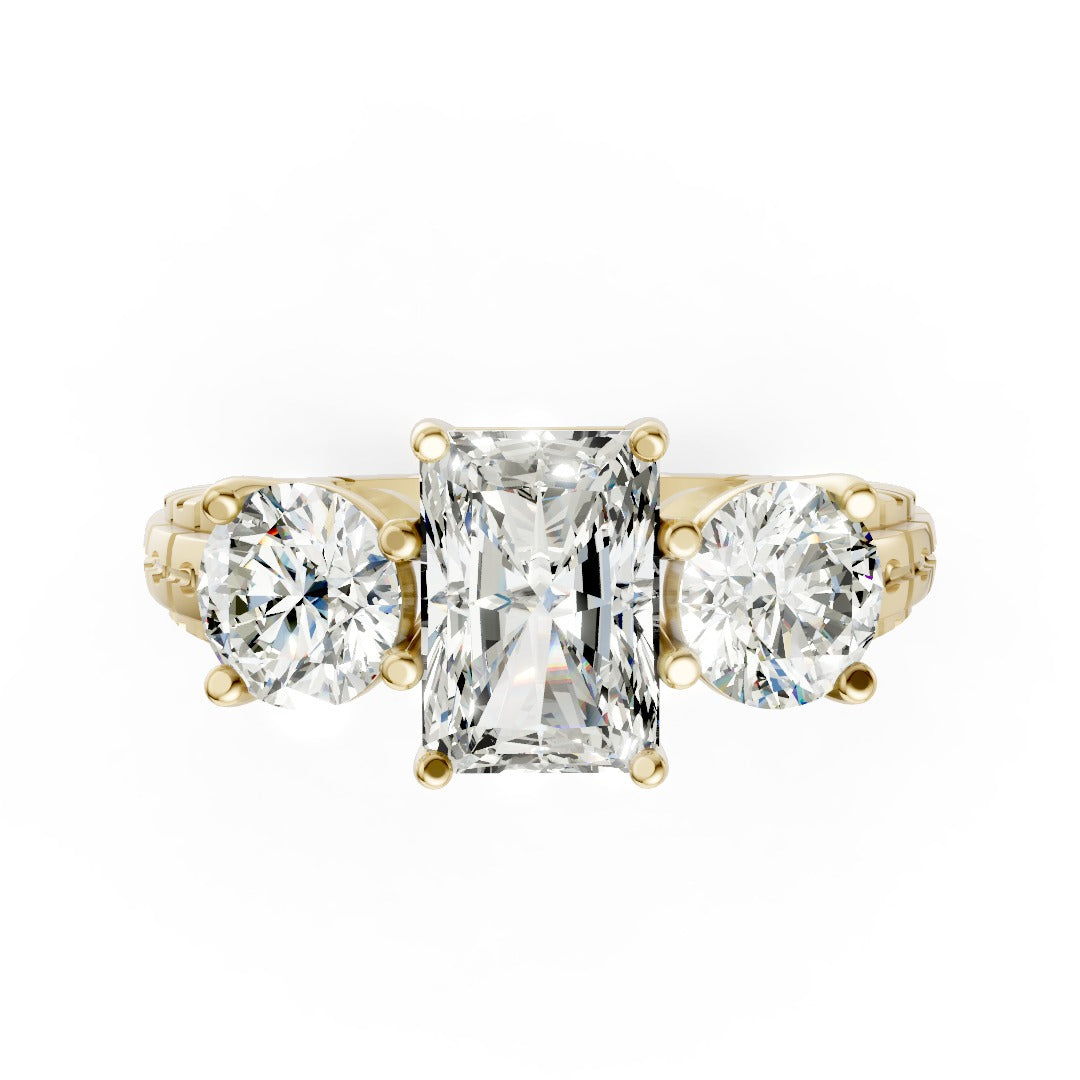 Radiant Cut Three-Stone With Ribbed Textured Band Ring