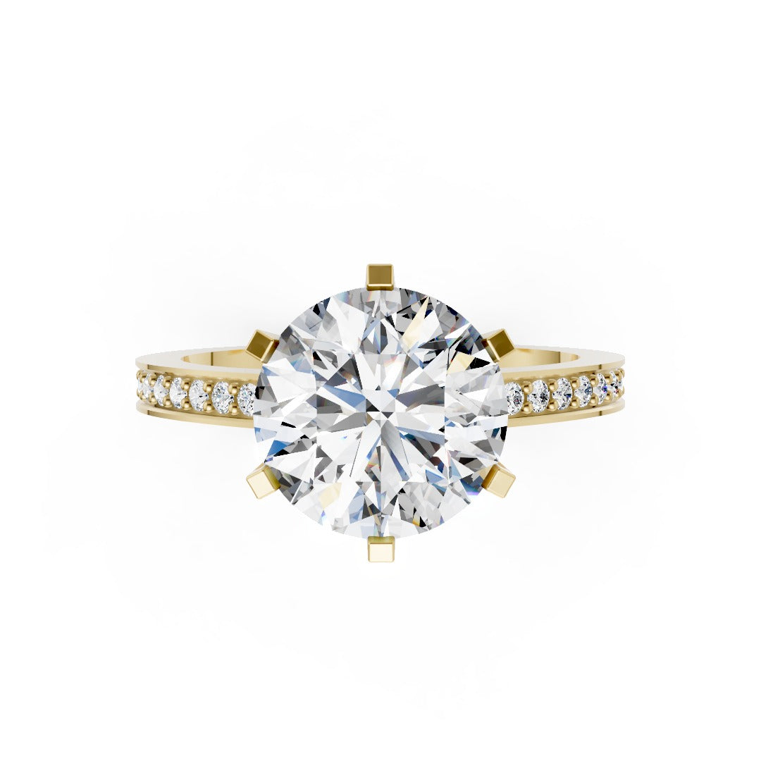 6-Prong Round Cut Diamond Ring With Pave Set Side Stones