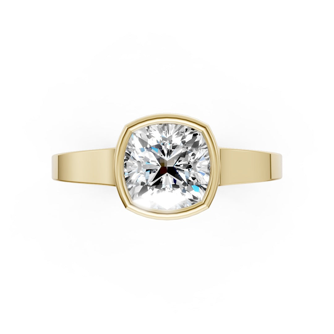 Cushion Cut Bezel Solitaire Lab Diamond Wedding Ring