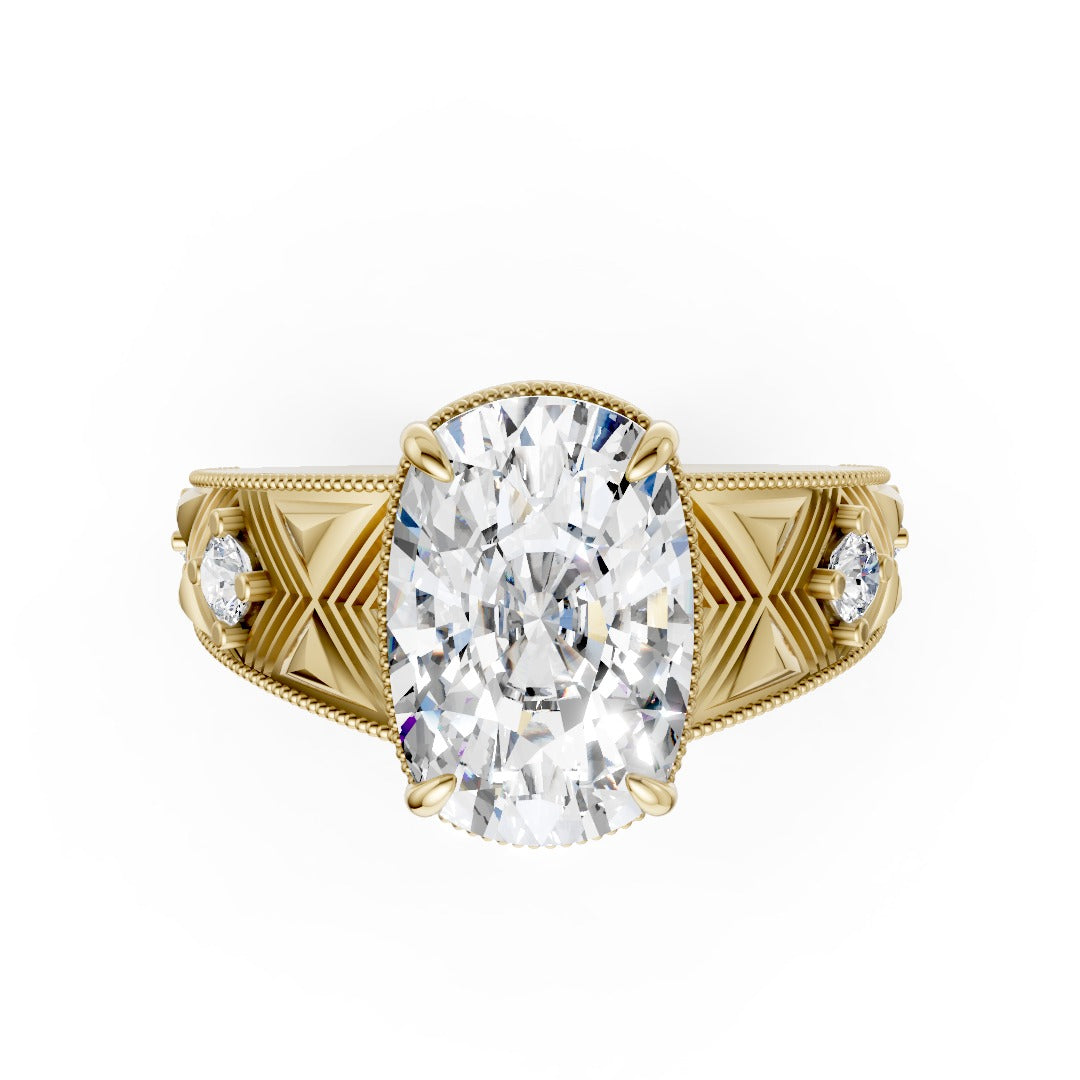 Cushion Cut Diamond Engagement Ring With Engraved Band