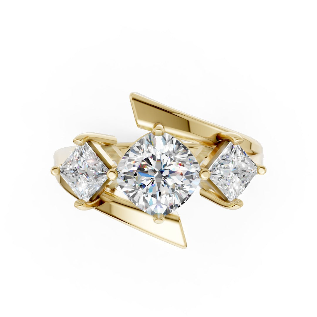 Cushion and Princess Cut Diamond Three-Stone Bypass Ring