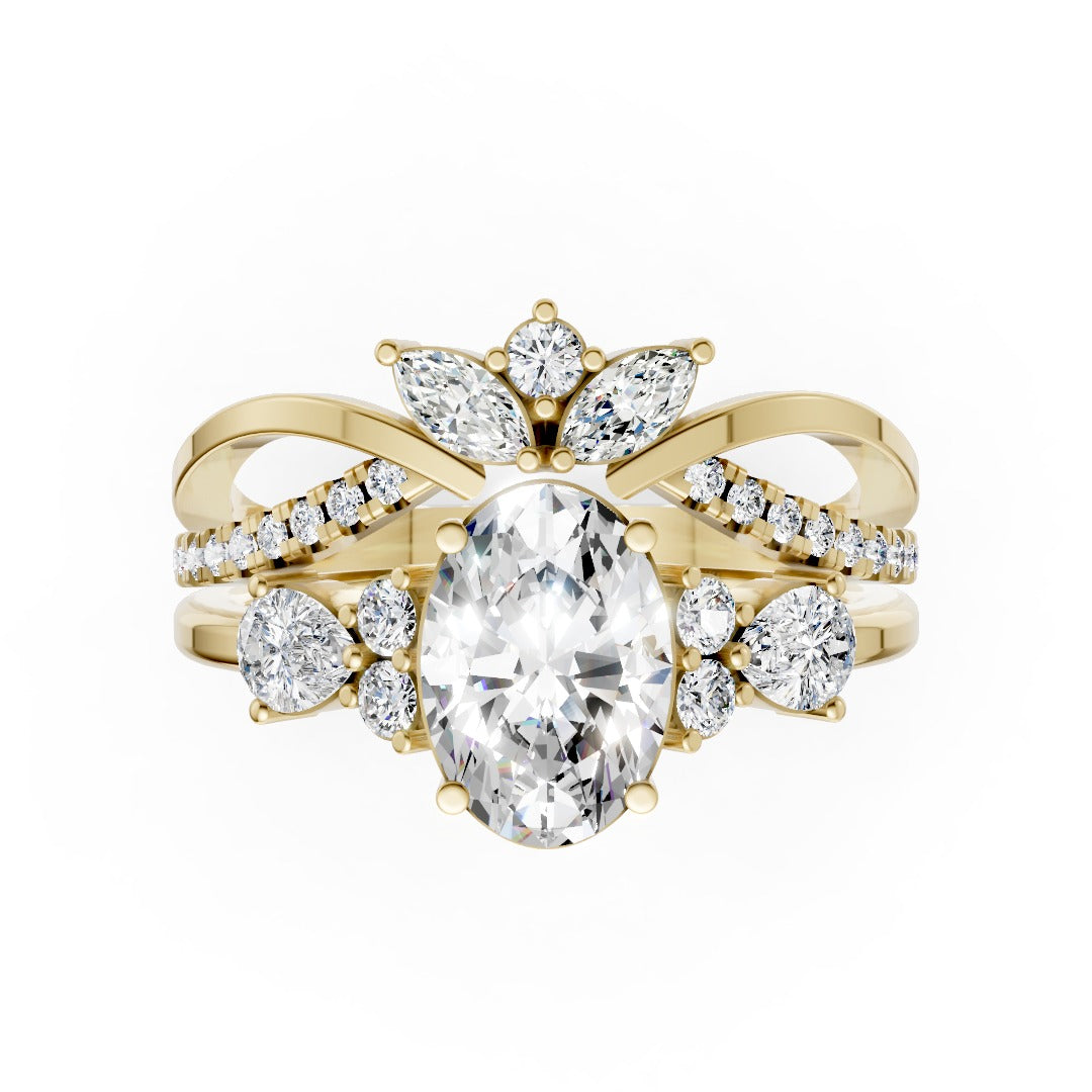 Vintage Inspired Oval Cut Diamond Wedding Ring Set With Matching band