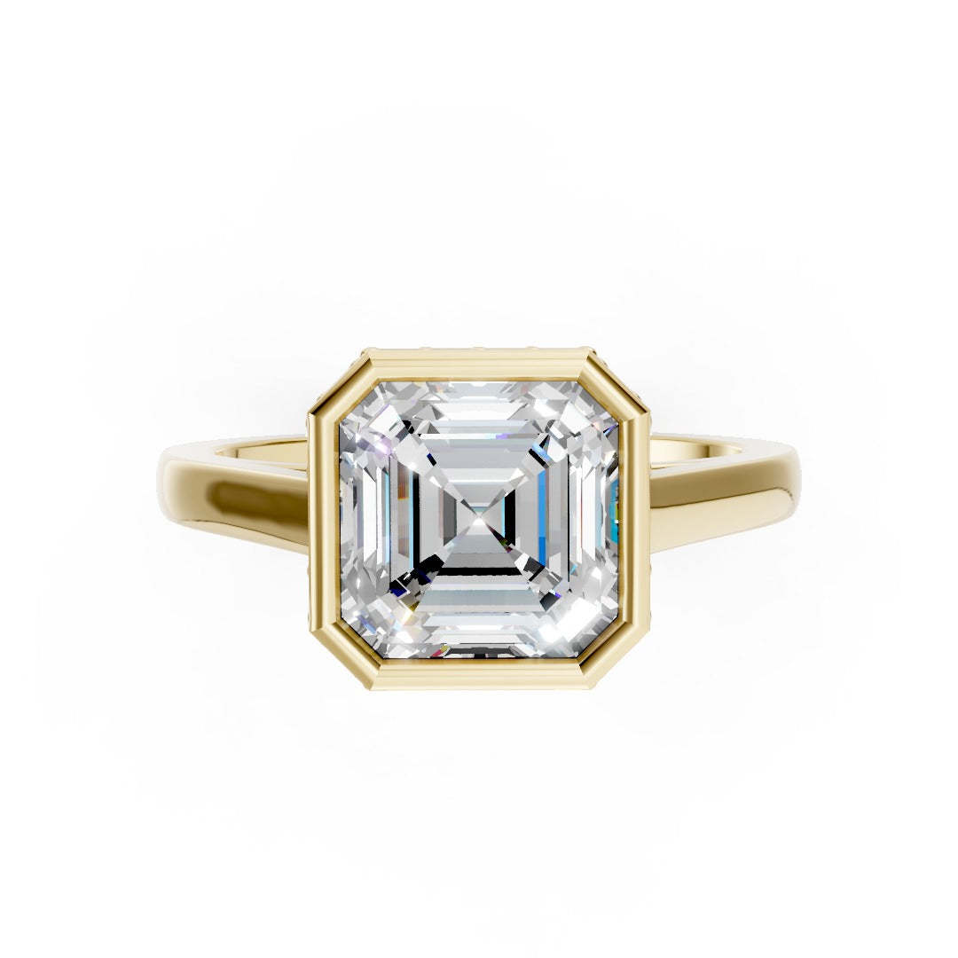 Bezel Set Asscher Brilliant Solitaire Diamond Hidden Halo Engagement Ring