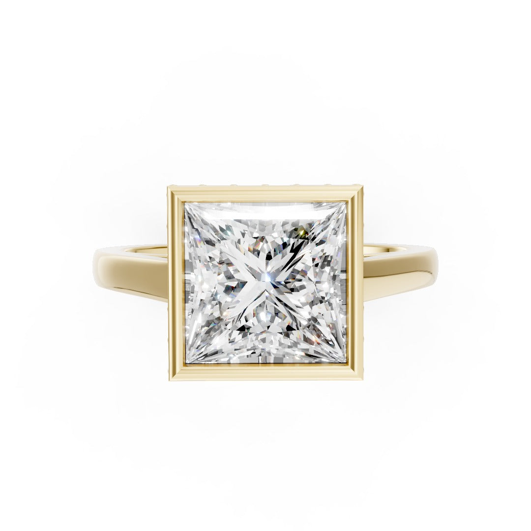 Bezel Set Princess Brilliant Solitaire Diamond Hidden Halo Engagement Ring