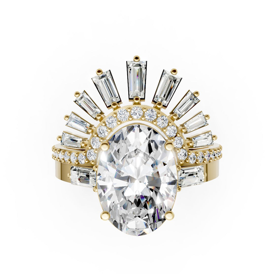 Art Deco Inspired Oval Cut Lab Diamond Sunburst Crown Bridal Set