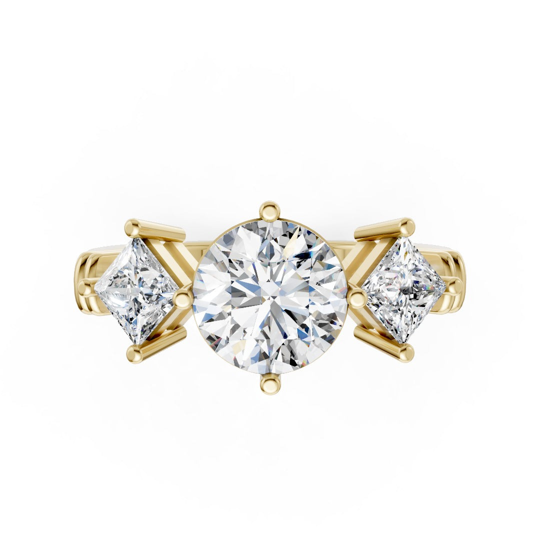 Round Cut and Princess Cut Diamond Three-Stone Ring