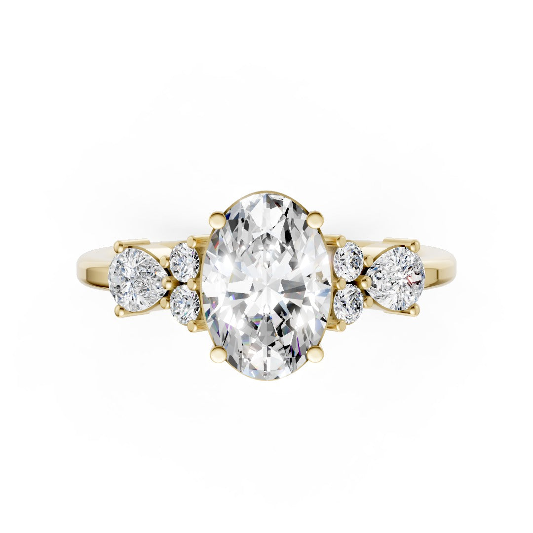 Oval Cut Lab Diamond Engagement Ring With Side Pear And Round Accent