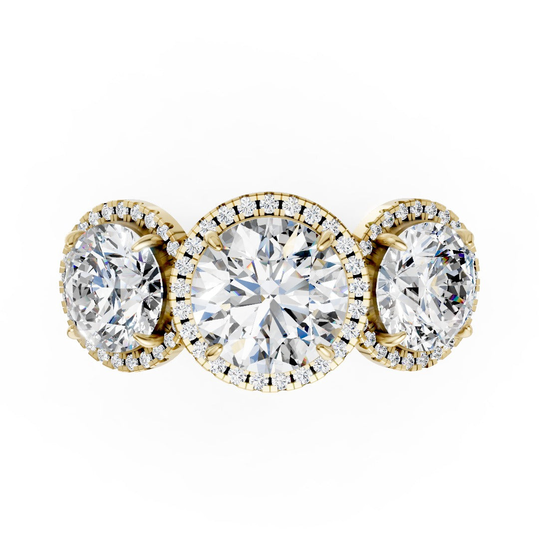 Three Stone Round Cut Diamond Halo Engagement  Ring