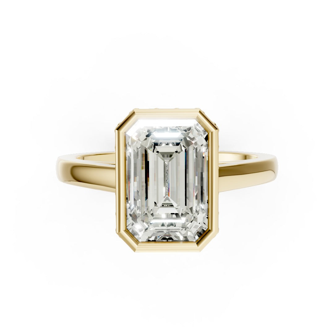 Bezel Set Emerald Brilliant Solitaire Diamond Hidden Halo Engagement Ring
