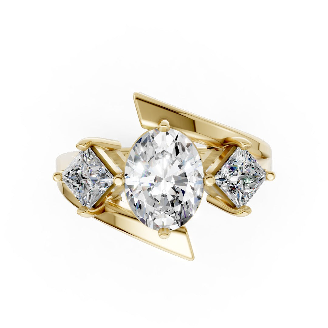 Oval and Princess Cut Diamond Three-Stone Bypass Ring