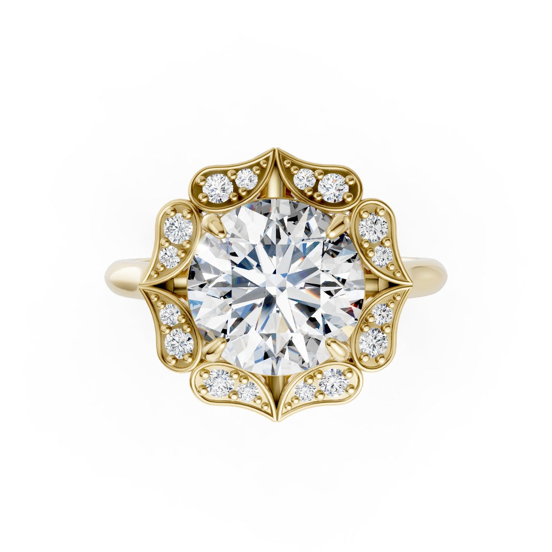 Round Cut Diamond Floral Halo Cathedral Shank Ring