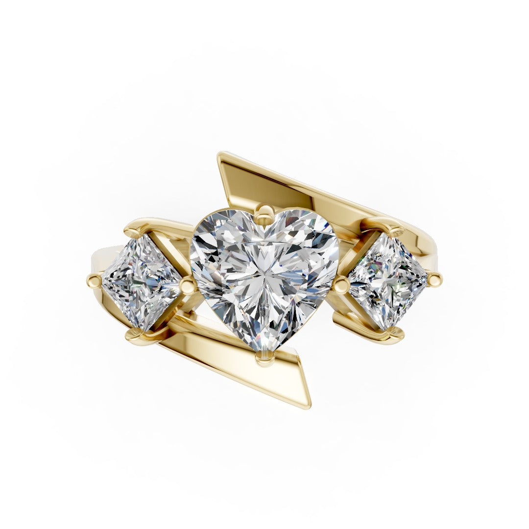 Heart and Princess Cut Diamond Three-Stone Bypass Ring