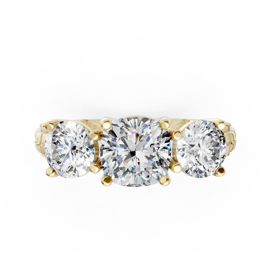 Cushion Cut Three-Stone With Ribbed Textured Band Ring