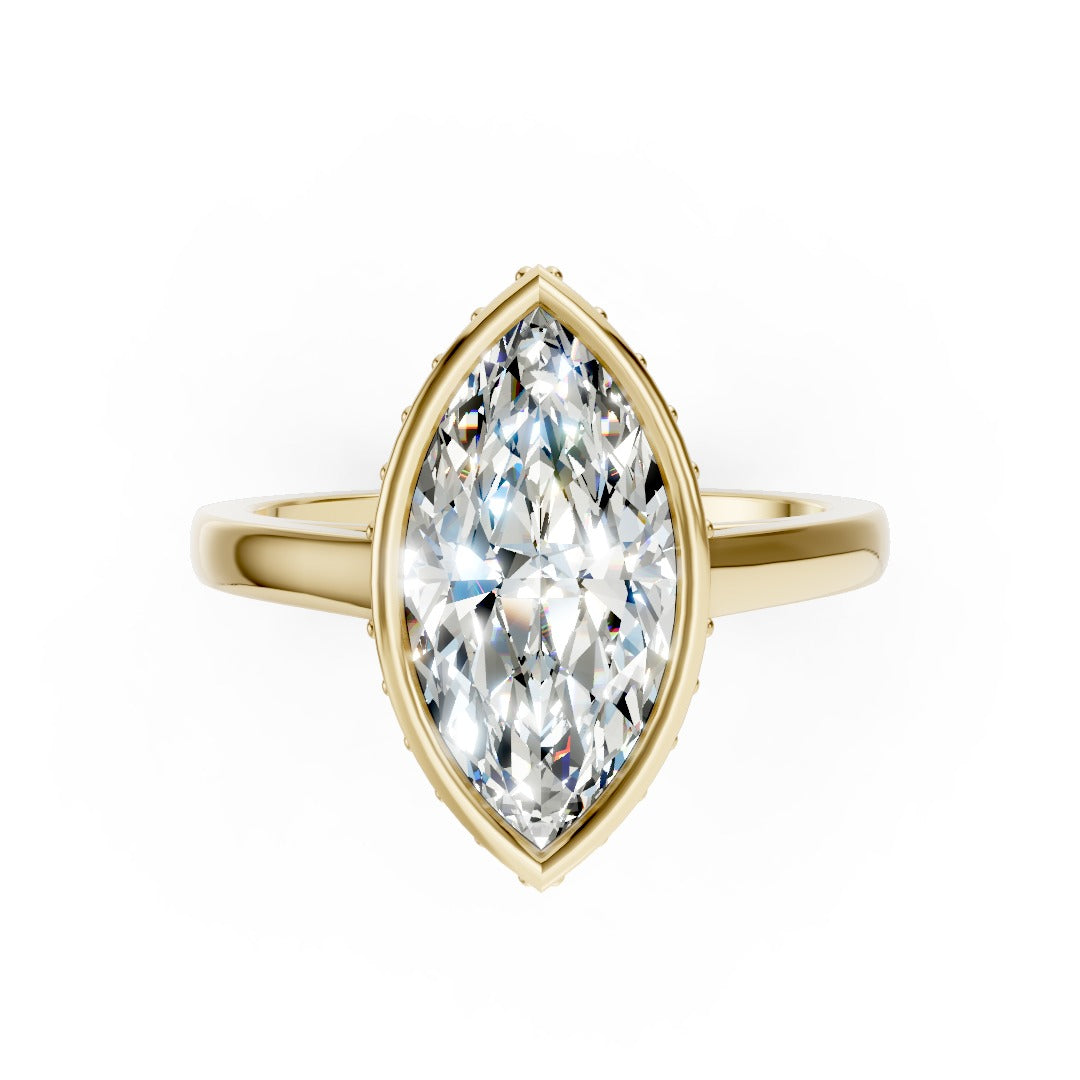 Bezel Set Marquise Brilliant Solitaire Diamond Hidden Halo Engagement Ring