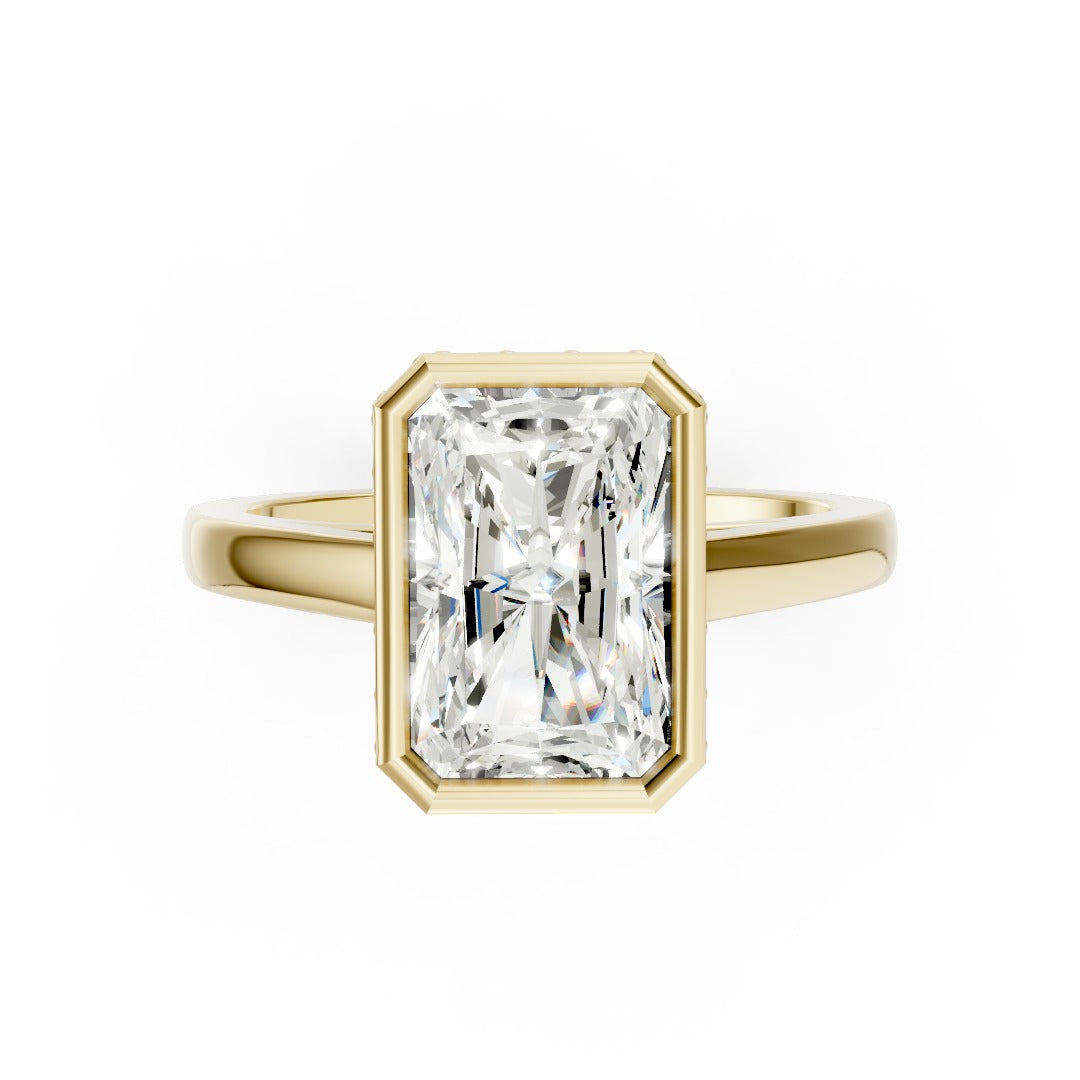 Bezel Set Radiant Brilliant Solitaire Diamond Hidden Halo Engagement Ring