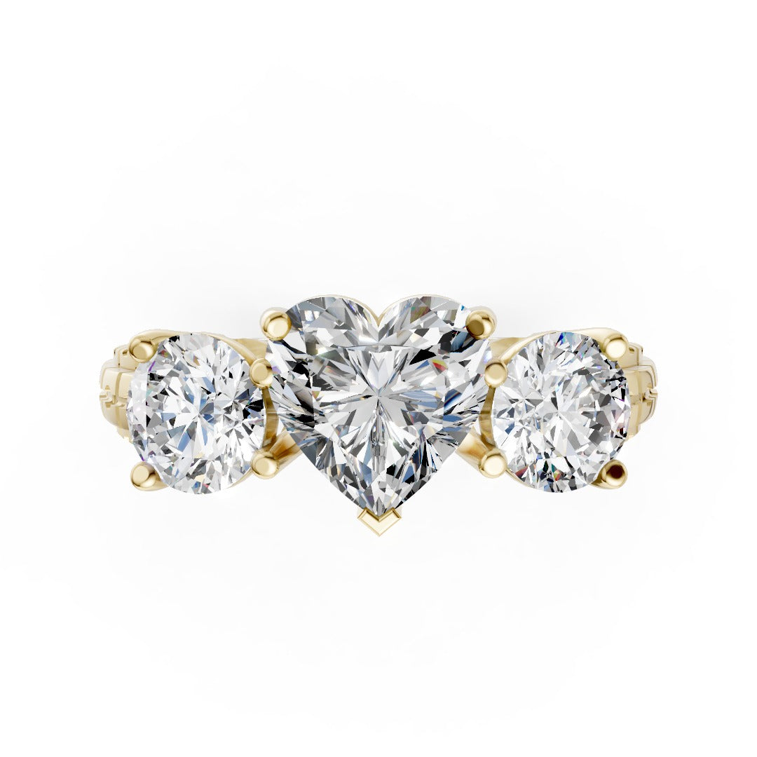 Heart Cut Three-Stone With Ribbed Textured Band Ring