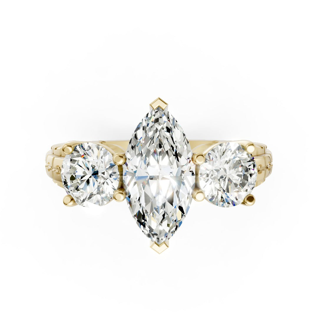 Marquise Cut Three-Stone With Ribbed Textured Band Ring