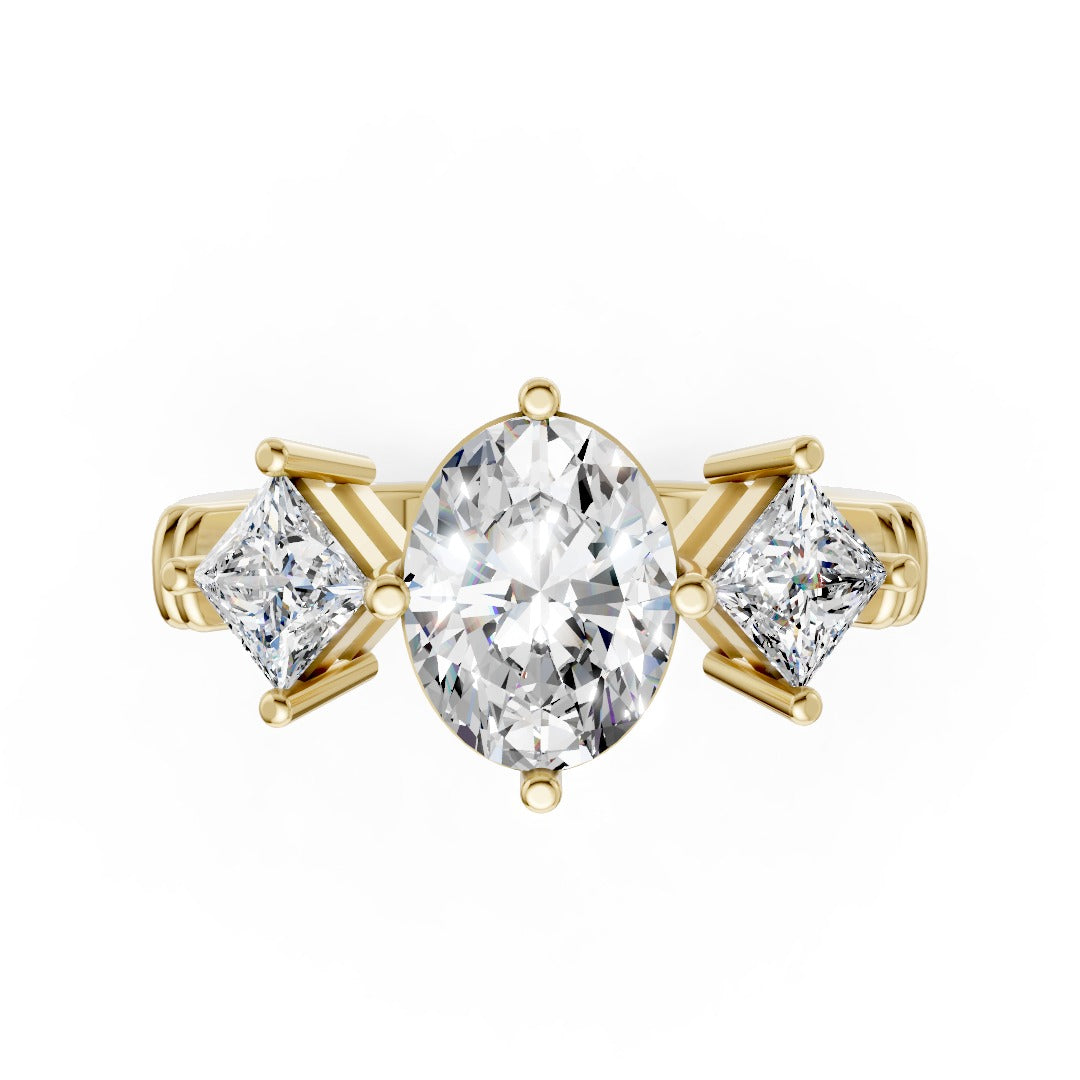 Oval Cut and Princess Cut Diamond Three-Stone Ring