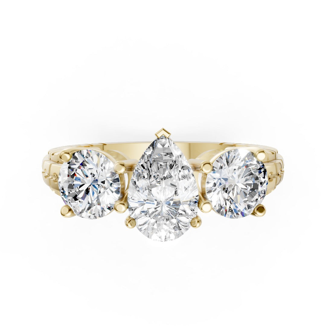 Pear Cut Three-Stone With Ribbed Textured Band Ring