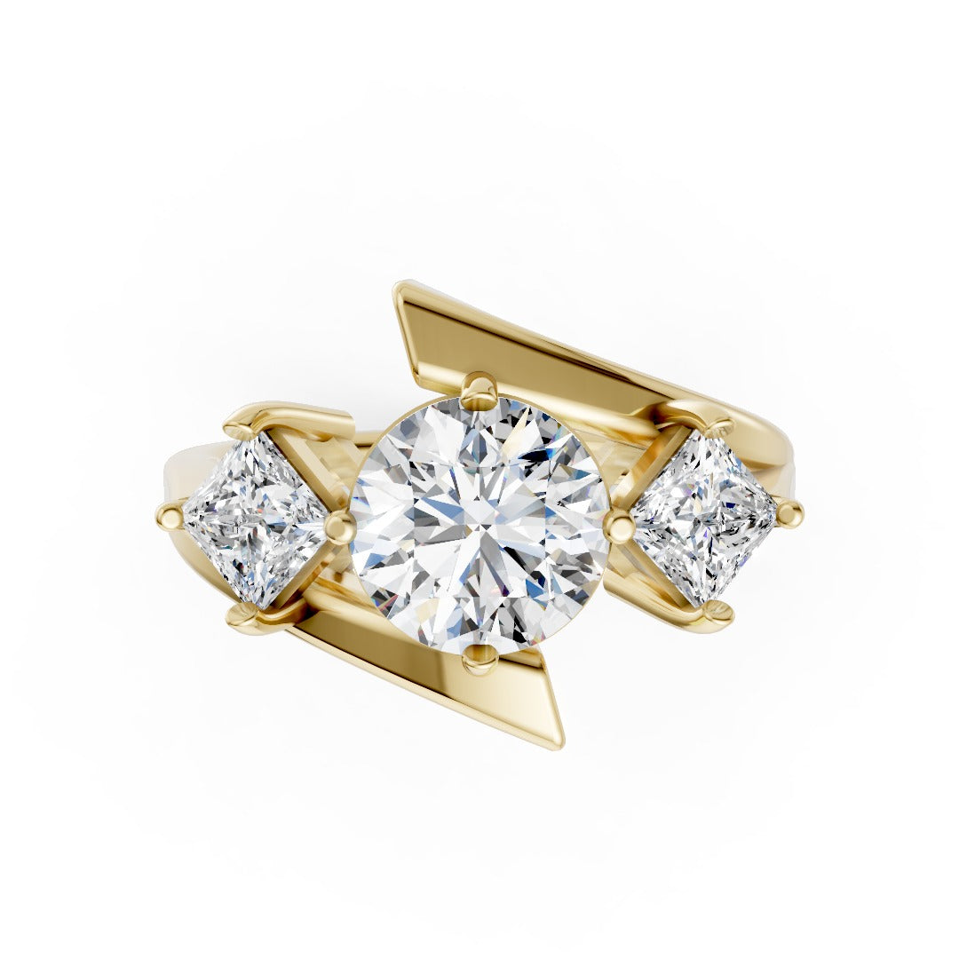Round and Princess Cut Diamond Three-Stone Bypass Ring