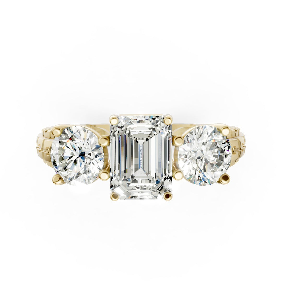 Emerald Cut Three-Stone With Ribbed Textured Band Ring