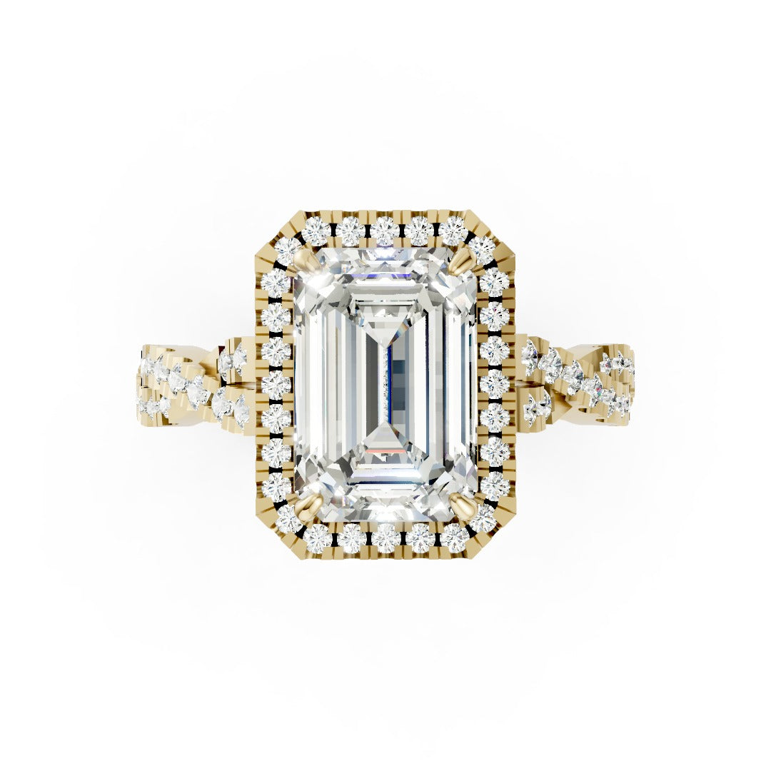 Emerald Cut Diamond Halo with Twisted Pave Ring