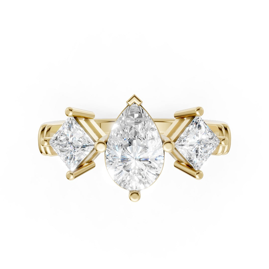 Pear Cut and Princess Cut Diamond Three-Stone Ring