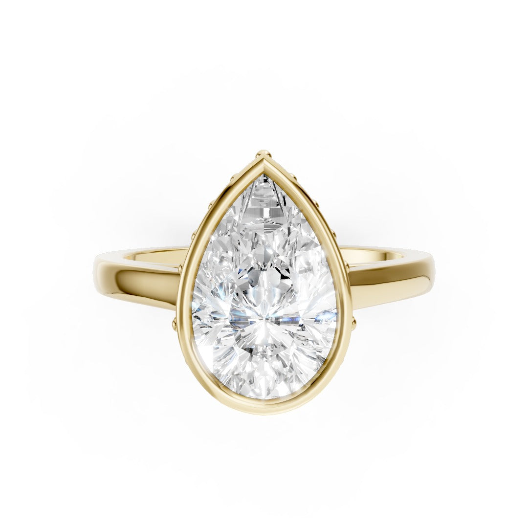 Bezel Set Pear Brilliant Solitaire Diamond Hidden Halo Engagement Ring
