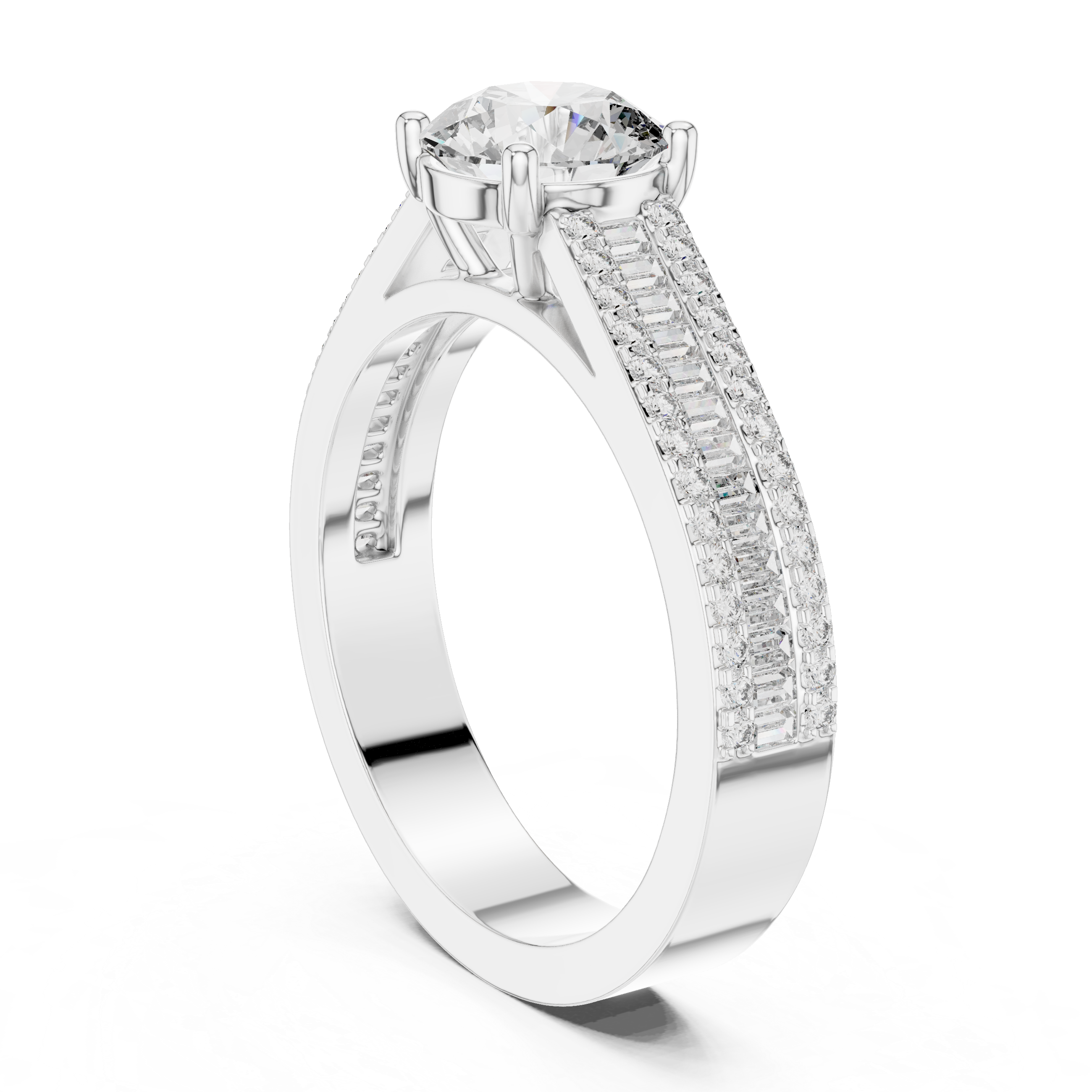 Round Cut Triple Row Pave and Channel Set Diamond Ring