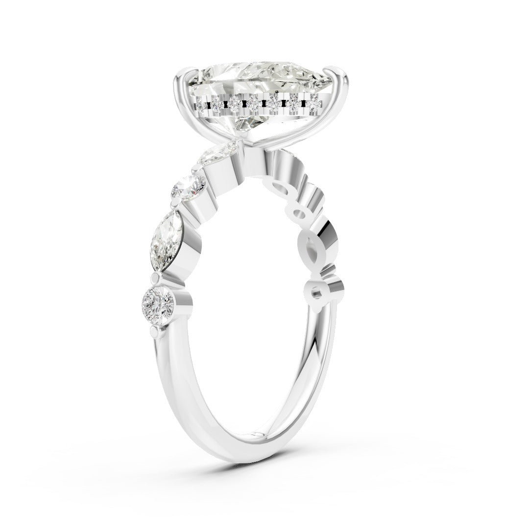 Pear Cut Diamond Alternating Round And Marquise Engagement Ring