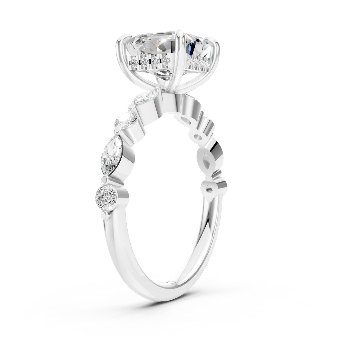 Asscher Cut Diamond Alternating Round And Marquise Engagement Ring